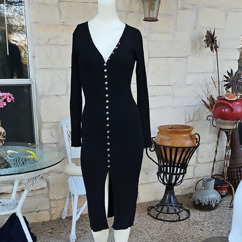 CMZ2005 Black Poly Viscose Ribbed Sweater Button-Down Midi Dress Size S (4-6)